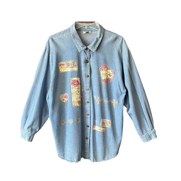 Tops - Vintage, long sleeve, chambray floral, rose shirt